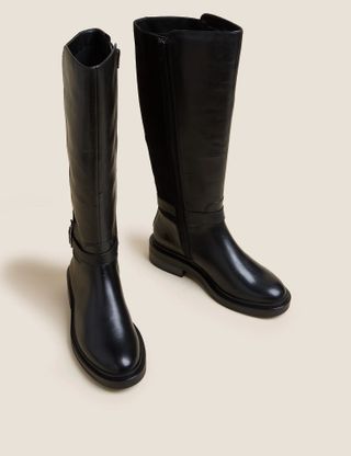 M&S Collection + Wide Fit Leather Flat Knee High Boots