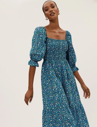 M&S Collection + Cotton Rich Floral Square Neck Midi Dress