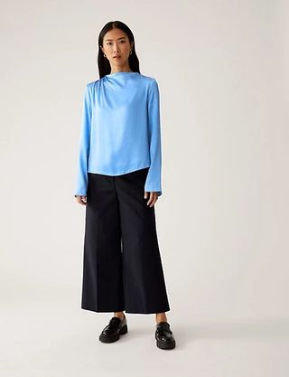 M&S Collection + High Neck Pintuck Long Sleeve Top