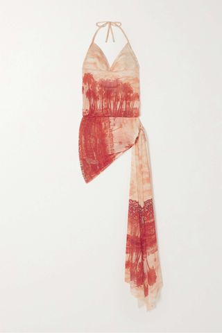 Jean Paul Gaultier + Draped Printed Stretch-Mesh Halterneck Mini Dress