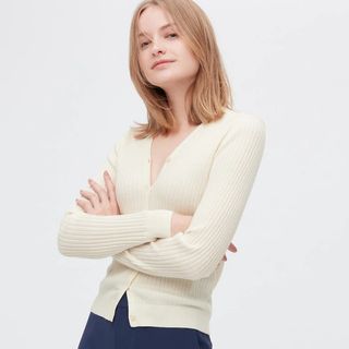 Uniqlo + Extra Fine Merino Ribbed Short Long-Sleeve Cardigan