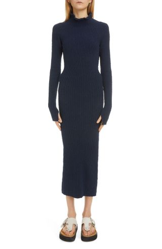 Acne Studios + Kennice Ribbed Long Sleeve Slub Midi Sweater Dress