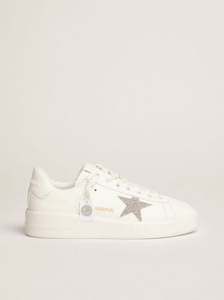 Golden Goose + Purestar Sneakers in White Leather With Silver-Colored Crystal Star
