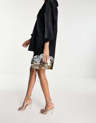 ASOS Design + Clutch Bag With Large Sequin Discs and Chain Handle in Metallic Ombre