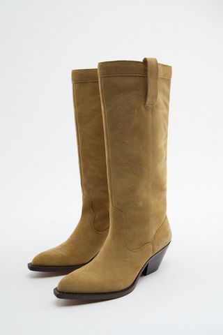 Zara + Knee-High Split Leather Cowboy Boots