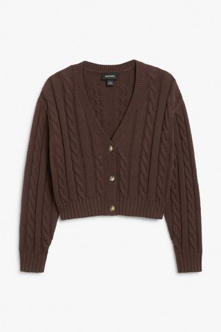 Monki + Brown Cropped Cable Knit Cardigan