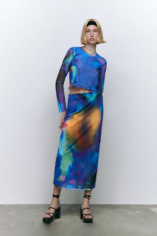 Zara + Printed Tulle Skirt
