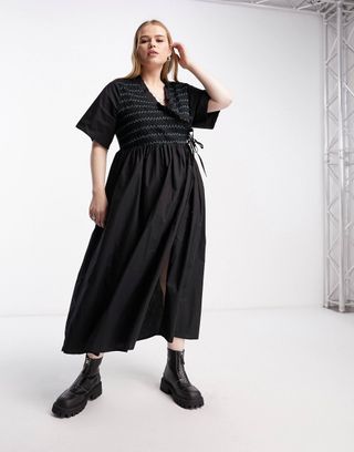 ASOS Design + Curve Cotton Shirred Wrap Midi Smock Dress
