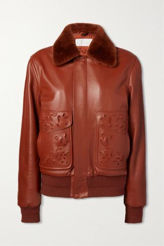 Chloé + Shearling-Trimmed Broderie Anglaise Leather Bomber Jacket