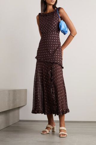 Rixo + Barrette Asymmetric Tiered Metallic Fil Coupé Chiffon Midi Dress