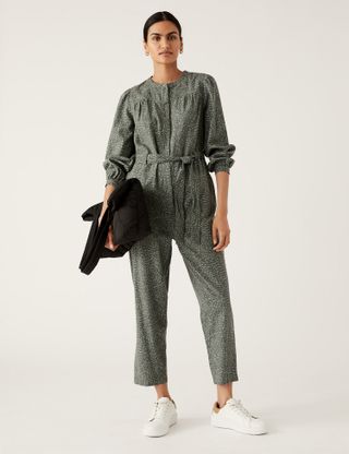 M&S Collection + Pure Cotton Printed Belted Utility Jumpsuit
