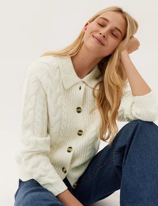 M&S Collection + Cable Knit Collared Relaxed Cardigan