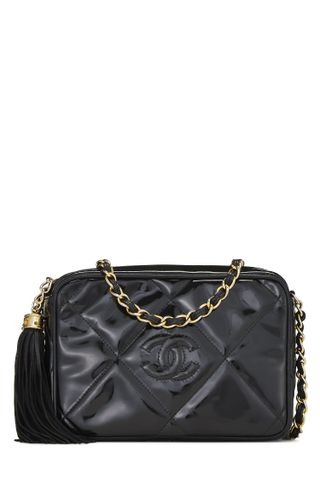 Chanel + Black Patent Leather Diamond CC Camera Bag Mini