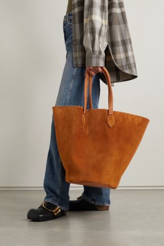 Khaite + Osa Whipstitched Leather-Trimmed Suede Tote