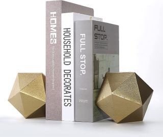 Ambipolar + Geometric Decorative Ball Shaped Bookends, Modern Cast Iron Gold Bookends for Office Desk, Book Shelf, Room Decor, Home Office, Book Stand or Organizer, Set of 2