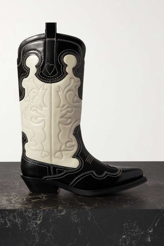 Ganni + Embroidered Two-Tone Leather Boots