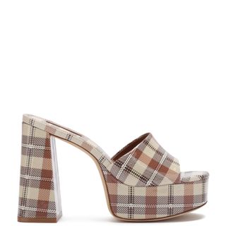 Larroude + Dolly Mule in Caramel Plaid Patent Leather