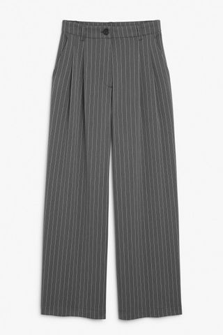 Monki + Grey Pinstripe Wide Leg Trousers