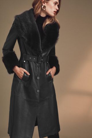 Karen Millen + Shearling Cuff & Collar Leather Coat