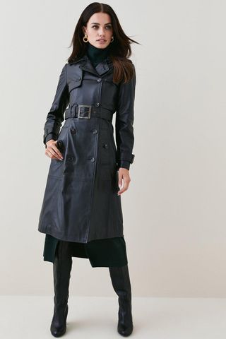 Karen Millen + Leather Trench Belted Mac Coat