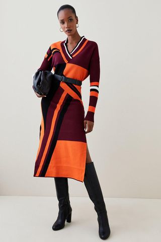 Karen Millen + Abstract Jacquard Pu Belted Knit Midi Dress