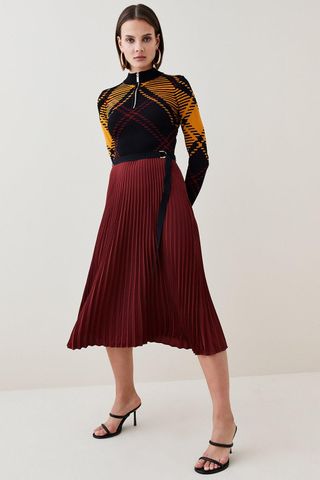 Karen Millen + Check Long Sleeve Zip Turtle Neck Pleated Mini Dress