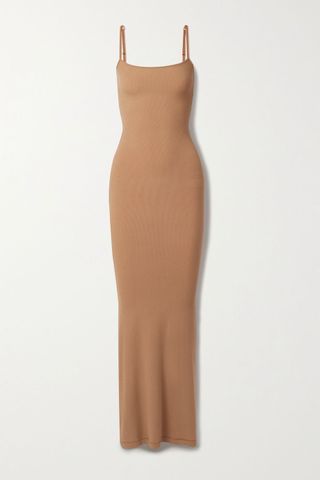 Skims + Soft Lounge Ribbed Stretch-Modal Slip Dress in Camel