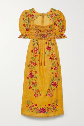 Farm Rio + Shirred Appliquéd Floral-Print Cotton-Voile Maxi Dress