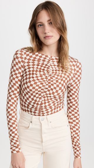 Kitri + Hope Wavy Checker Ruched Jersey Top