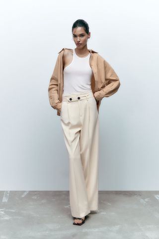 Zara + Buttoned Belt Paperbag Pants