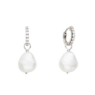 Lily & Roo + Solid White Gold Genuine Diamond Huggie Pearl Drop Earrings