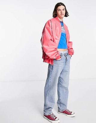 ASOS Design + Extreme Oversized Faux Leather Bomber Jacket in Pink