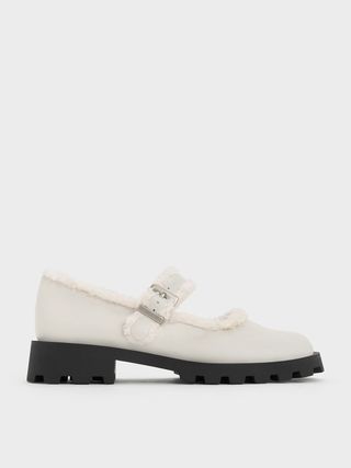 Charles & Keith + Chalk Fur-Trim Buckled Mary Janes