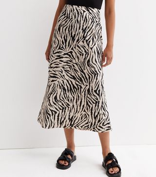 New Look + Stone Zebra Print Satin Bias Cut Midi Skirt