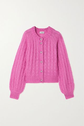 Ganni + Cable Knit Mohair-Blend Cardigan