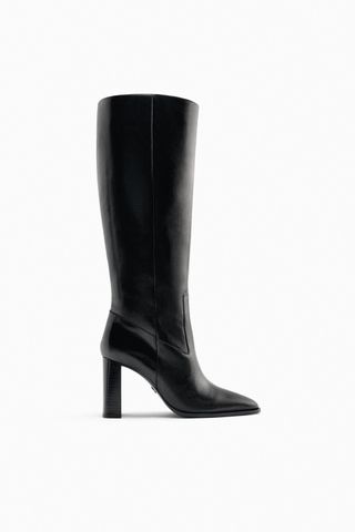 Zara + Leather Block Heel Knee-High Boots