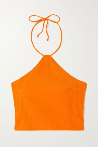 Reformation + Aversa cropped ribbed stretch-knit halterneck top