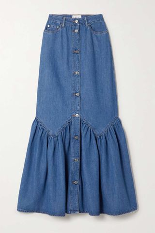 Ganni + Ruffled Organic Cotton Denim Maxi Skirt
