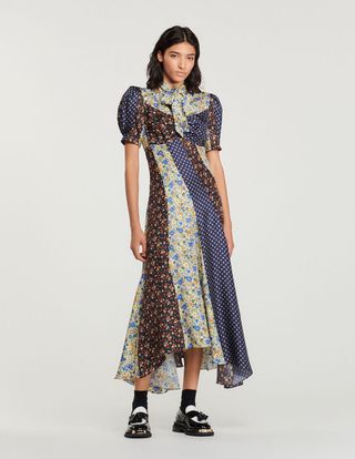Sandro + Long Printed Dress With Pussy Bow Collar