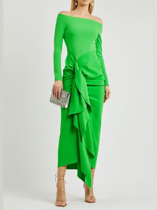 Solace London + Lotus Green Off-the-Shoulder Ruffled Dress