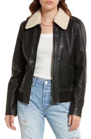 Treasure & Bond + Leather Bomber Jacket With Faux Shearling Collar