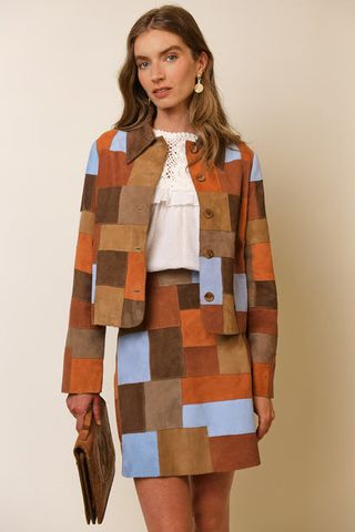 Rixo + Dionne Jacket in Brown Suede Patchwork