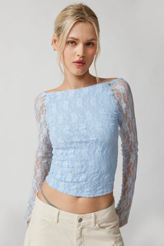 Urban Outfitters + Uo Nadia Semi-Sheer Lace Long Sleeve Top