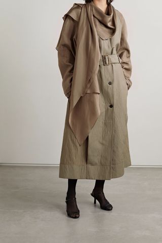 The Row + Evia Belted Paneled Silk-Satin and Twill Coat