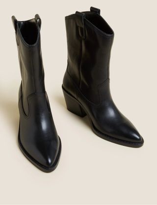 M&S Collection + Leather Western Block Heel Ankle Boots