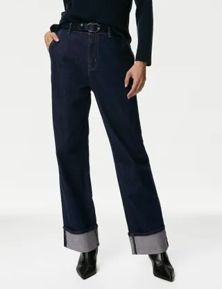 Marks & Spencer + High Waisted Slim Wide Leg Turn Up Jeans