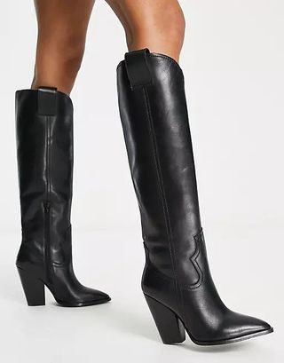 ASOS Design + Coral Leather Western Boots in Black