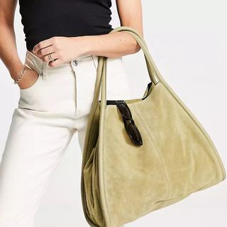 ASOS Design + Suede Tote With Tubular Piping in Green