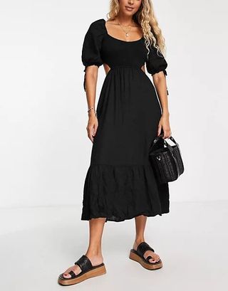 ASOS Design + The Frolic Fin linen shirred front puff sleeve midi dress in black