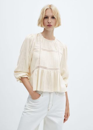 Mango + Embroidered Blouse With Puffed Sleeves